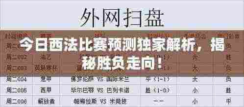 今日西法比赛预测独家解析，揭秘胜负走向！